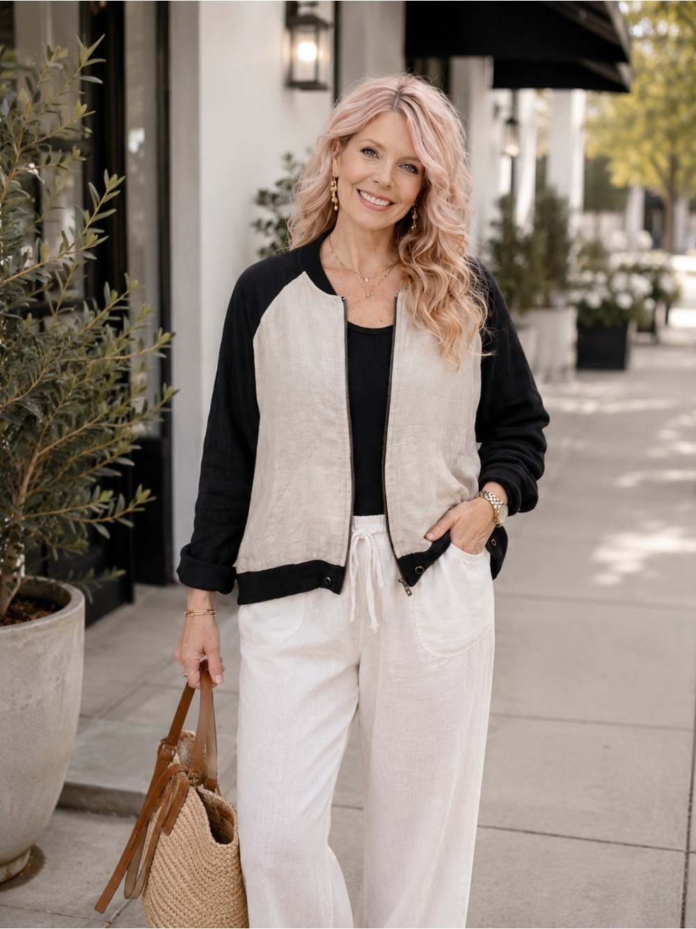 Just Living Linen Blend Bomber Jacket Coastal Quiet Luxury Black White L